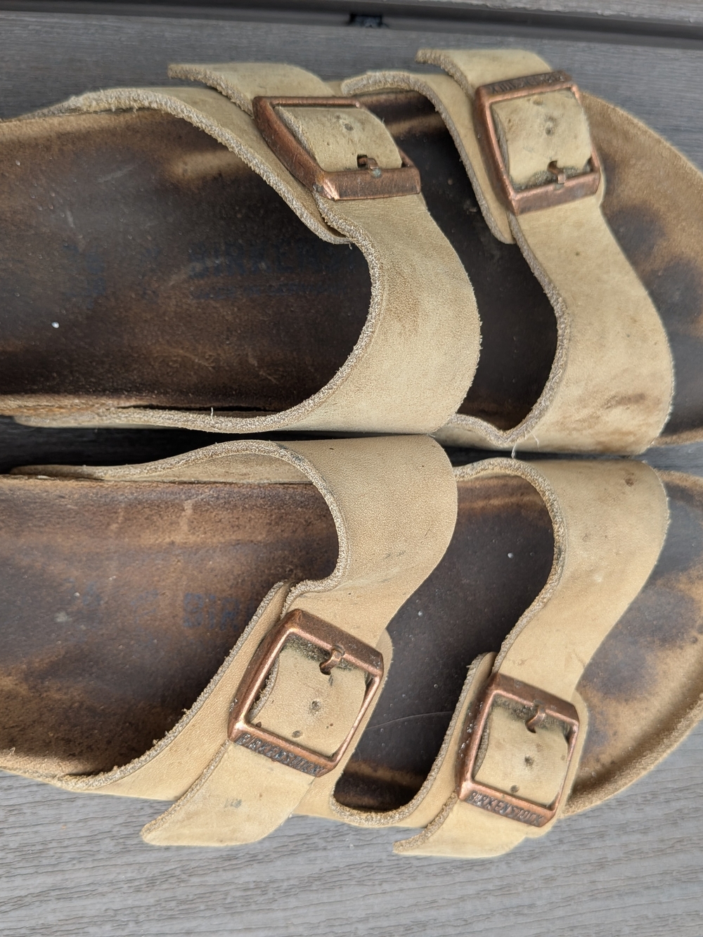 Birkenstock Beige Suede Two-Strap Sandals with Copper Buckles